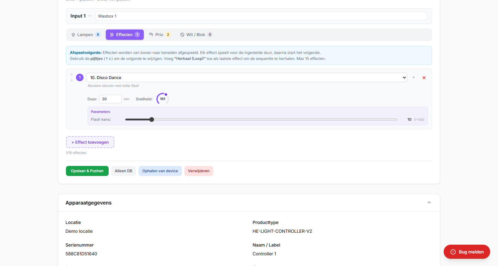 Effecten tab met parameters en snelheid
