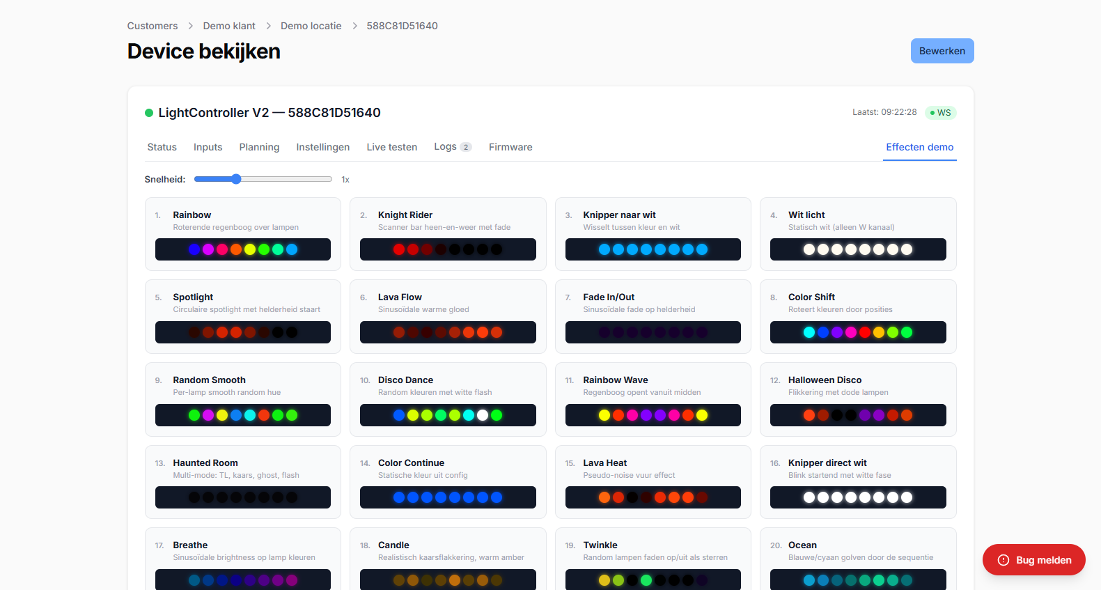 Overzicht van alle 59 lichteffecten